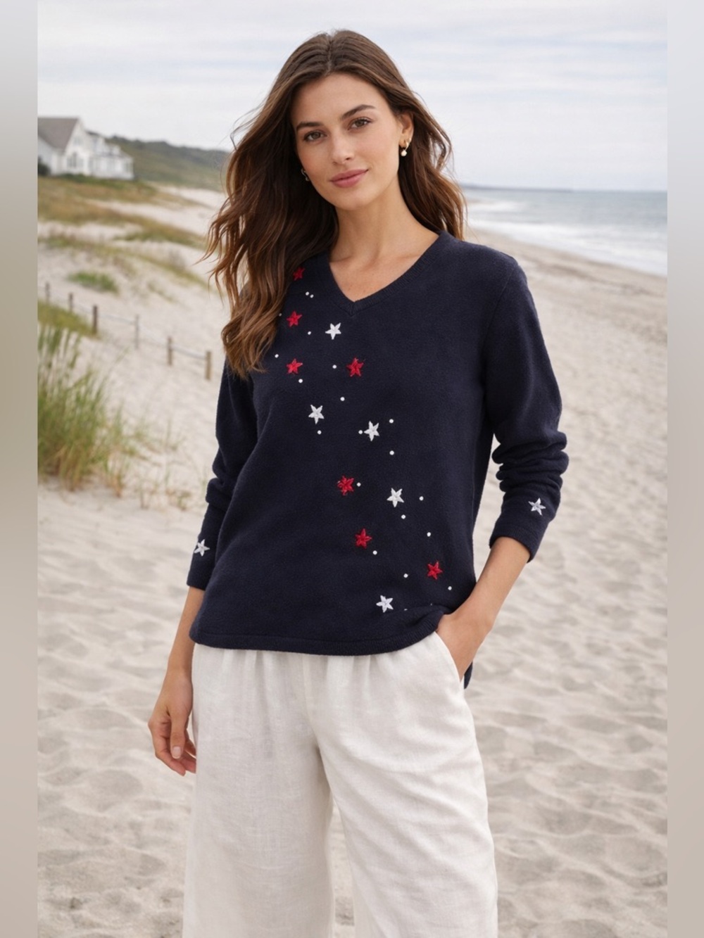 Vintage Knit Navy Sweater with Star Accents 1X Quacker Factory